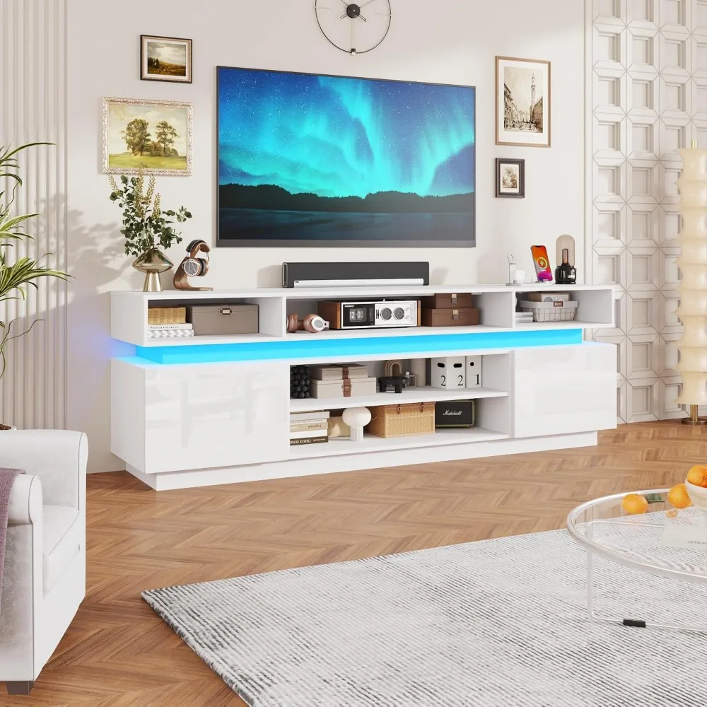 Modern Tall Entertainment Center for 95 Inch TVs with Power Outlets, High Gloss, White