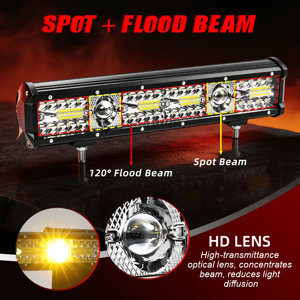HAOLIDE LED Light Bar 3 Rows 6000K White 3500K Yellow Combo Spot Flood IP68 Driving Lamp With Wiring Harness off-road use 12V 24
