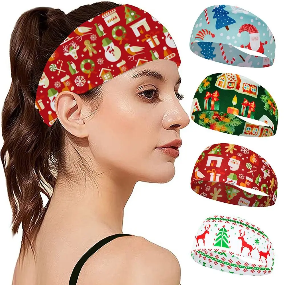 2PCS GIFT Polyester Christmas Sweat Band Santa Claus Elk Fitness Sweat-Absorbing Headscarf Elastic Yoga Hair Band Women