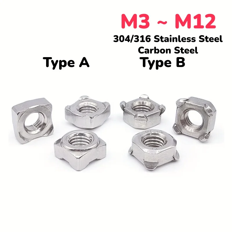 304 Stainless Steel/Carbon Steel M3 M4 M5 M6 M8 M10 M12 A/B Type Square Spot Weld Nut Four Corner Welding Nuts