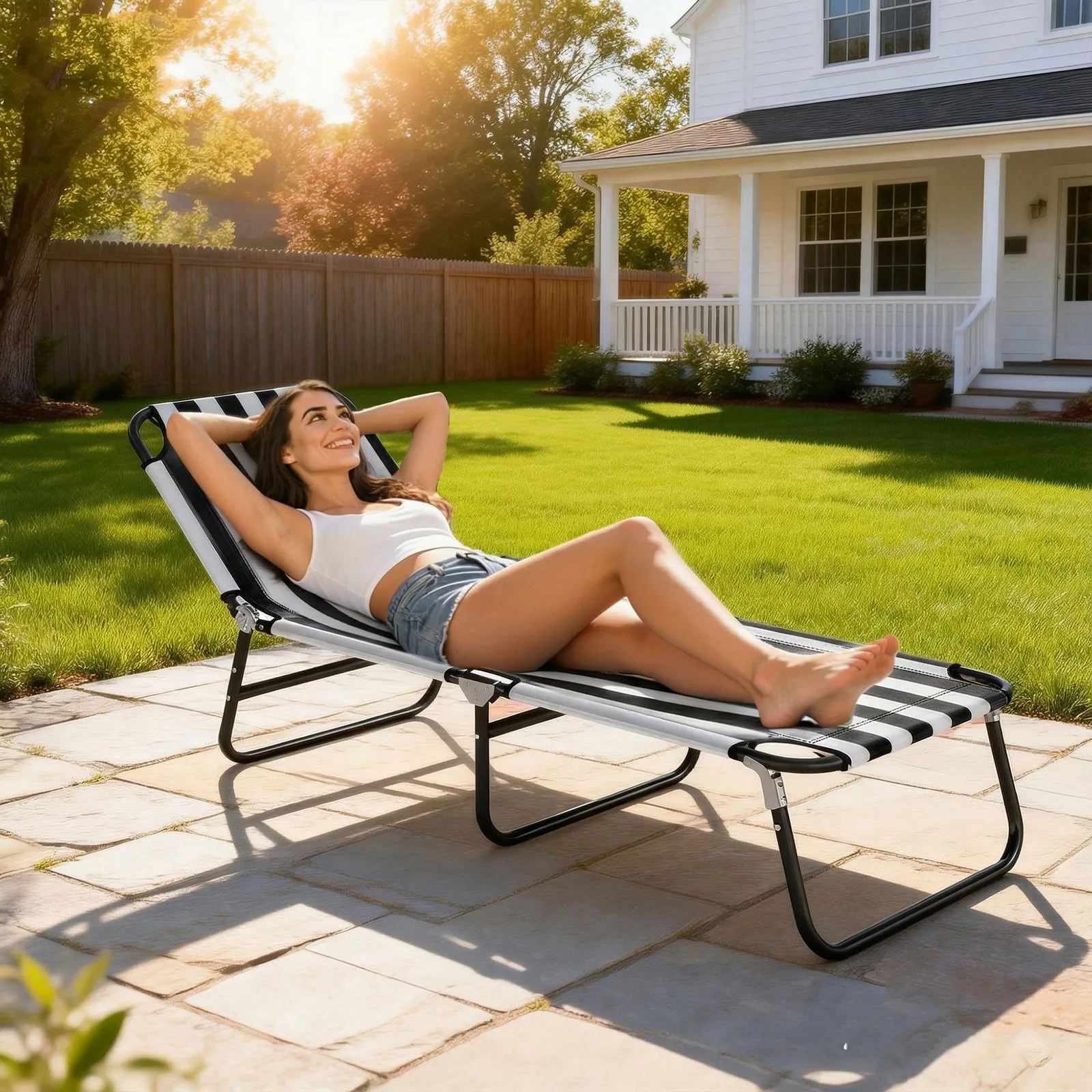 

Outsunny Foldable Reclining Pool & Beach Chair, Oxford, Black and White