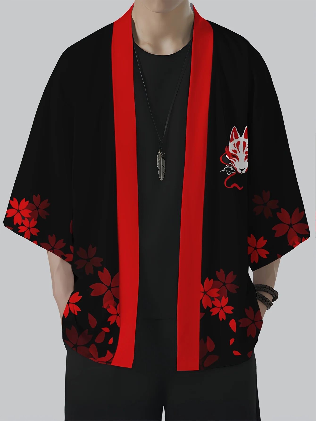 

Men's casual fox mask print kimono shirt in black with red flower accents, machine washable, summer fashion kimono