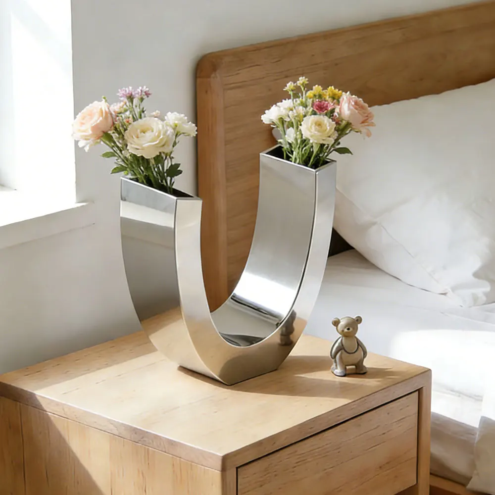 Modern U-Shaped Stainless Steel Flower Vase Silver Metal Decorative Planter for Home Bedroom Living Room Table Floral