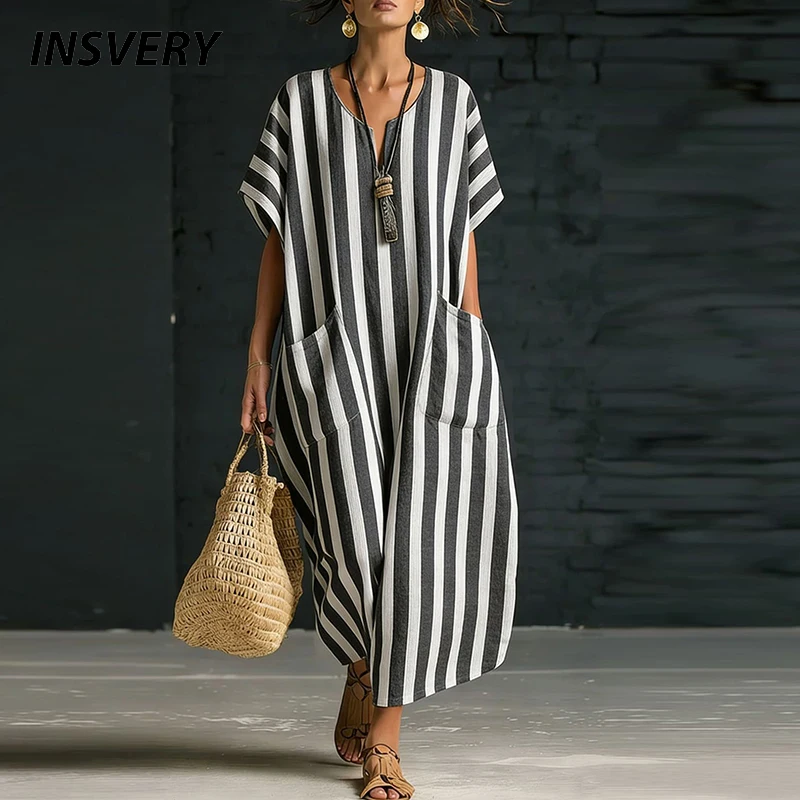 Sommer Strandkleid für Damen, Lässiges V-Ausschnitt-Kleid mit Streifenmuster, Lockeres Maxikleid mit Taschen, Boho-Partykleid