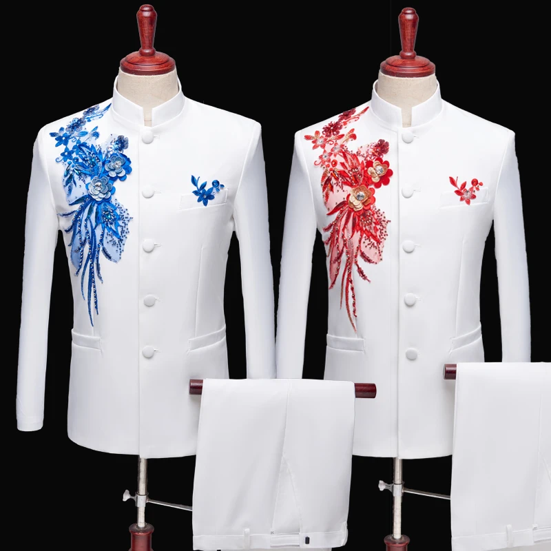 

Мужские костюмы в китайском стиле, блейзеры с вышивкой и блестками, воротник-стойка, смокинг, платье, сценический костюм певицы-хозяя, комплект из 2 предметов