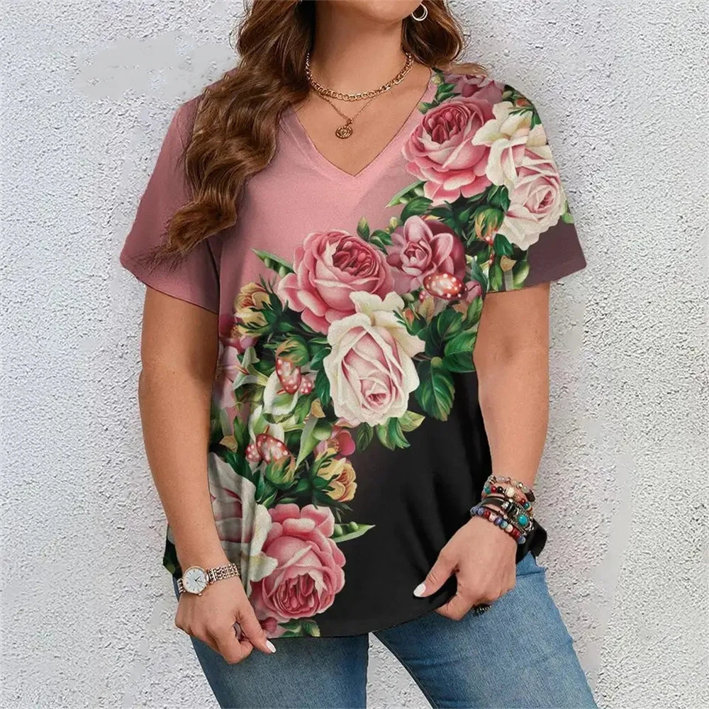 Summer Colorful Flower 3D Print T-Shirts Women Loose V-Neck Short Sleeve T Shirt Y2k Harajuku Tees Casual Tops Female Clothing