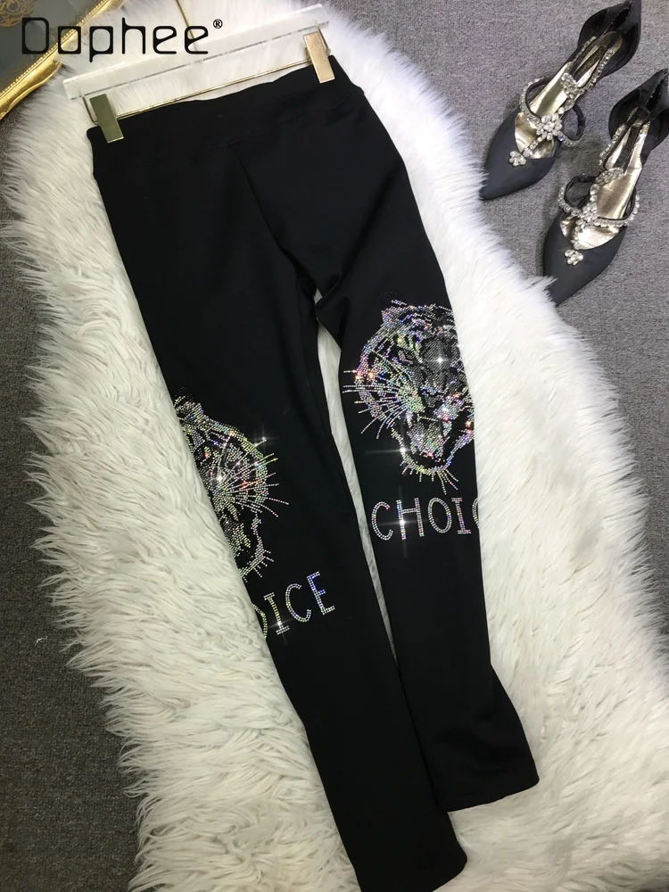 European Goods Heavy Industry Hot Diamond Leggings Women's Light Luxury Tiger Head Elastic Waist Black Pants Spring and Autumn