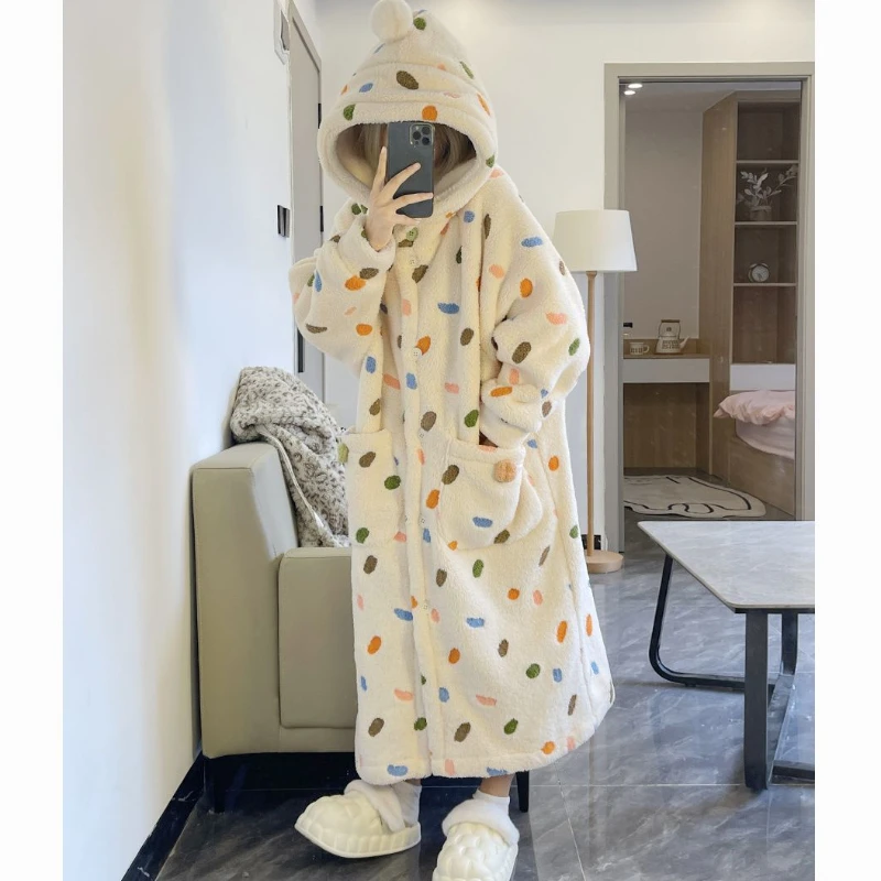 Sweet Cute Colorful Dots Hooded Long Night Gown Robe Coral Velvet Pajamas Women Winter Thickened Plush Bathrobe Kawaii Sleepwear