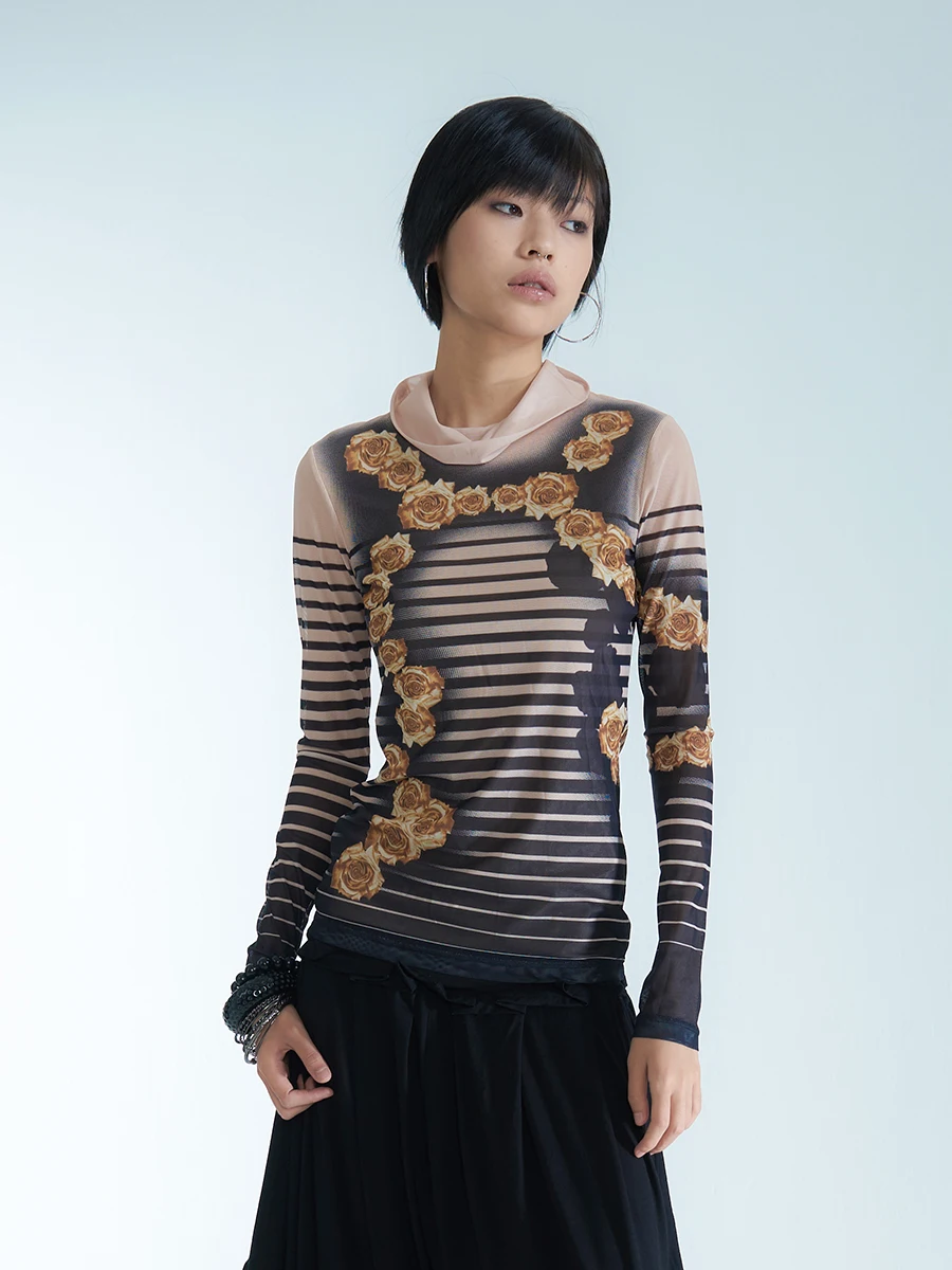 

TROPICEYE Осенне-зимняя приталенная футболка с длинным рукавом и принтом, с небольшим воротником-стойкой, повседневная, универсальная модель