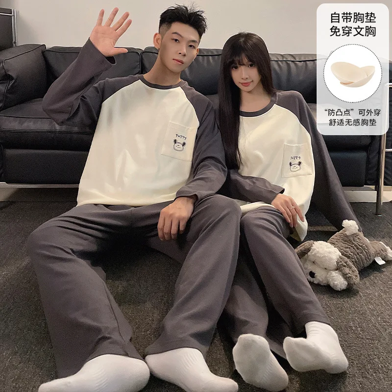 

2025 New Fashion Nightwear For Lovers Men's Long Sleeves Sleepwear Women Cartoon Homewear with Bra pad Autumn Couples Pijamas