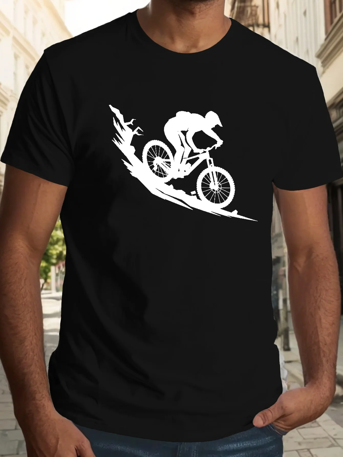 2026 Mens Outdoor Cycling Graphic Cotton Tee Mountain Bike Rider Silhouette Print Crew Neck Sport T-shirt Tops