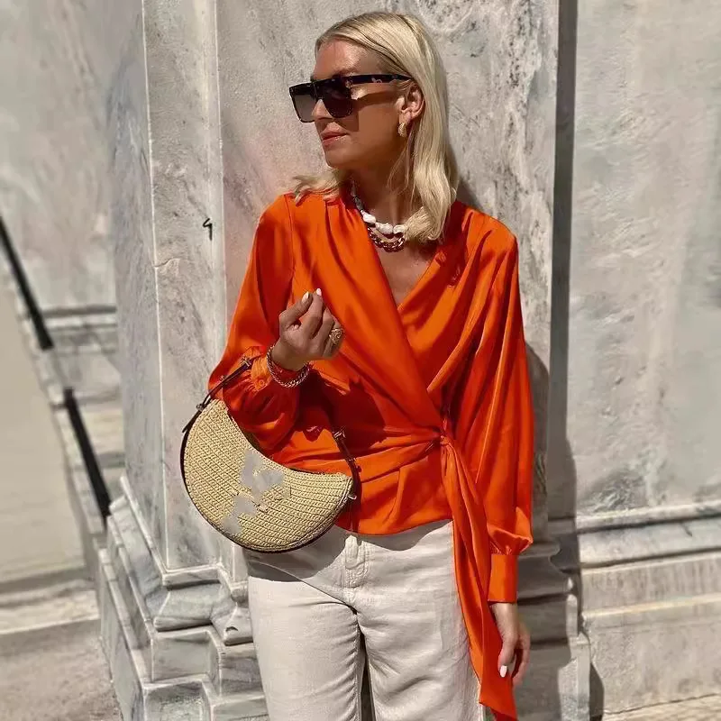 New Women\'s Solid Color Long Sleeved Shirt With V-neck Tie And Waist Cinching Orange Red Temperament Elegant Satin Autumn Shirt