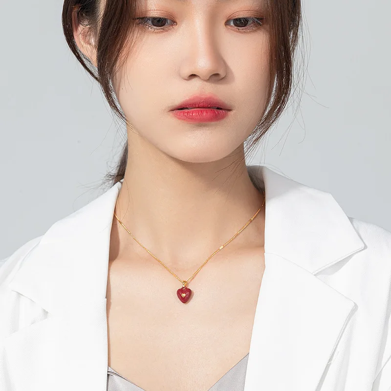 Rylin Peach Heart Design Gold Plated Girl Necklace Red, Green, Black Color Optional Women's Gift