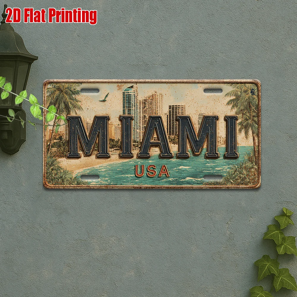 Plaque de signalisation vintage en métal durable AL Miami USA Beach Cityscape – Décoration murale, art mural pour la maison, le bureau, le bar ou la cave des hommes