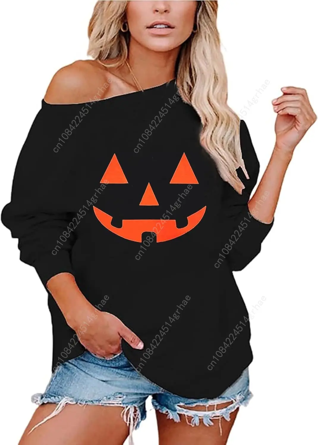Halloween Sweatshirt Dames Off Schouder Heksenkostuum Pompoen Sweatshirts met lange mouwen