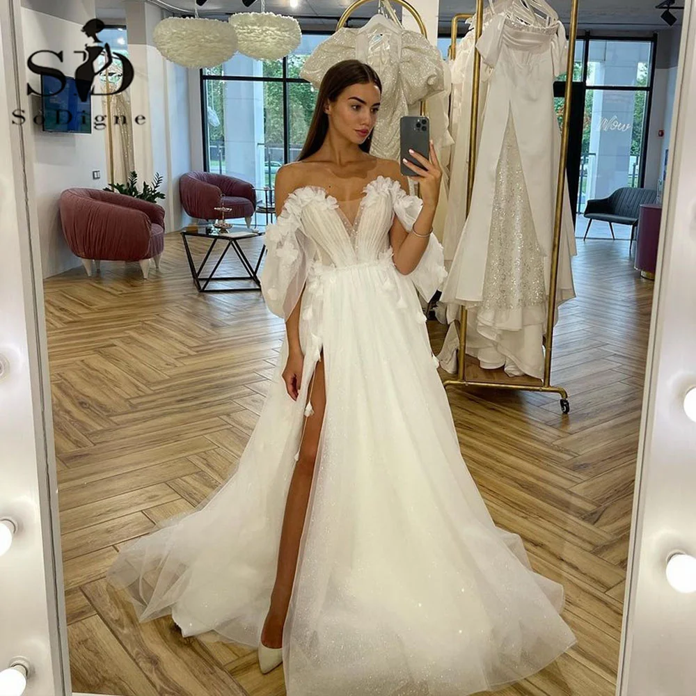 Sodigne Glitter Vlinder Trouwjurken Off Shoulder V Nek A-Lijn Zijsplit Rugloze Bruidsjurken Bruid Jurk Robe De Mariée