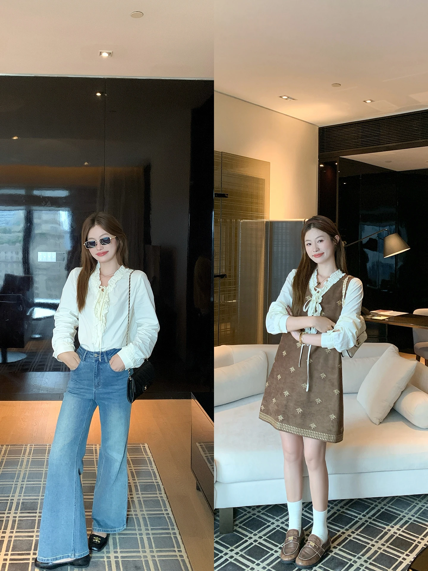 Korean Style Women's Floral Embroidery Vest Dress Two-Piece Set Coffee Color Layering Autumn White Shirt Short Skirt