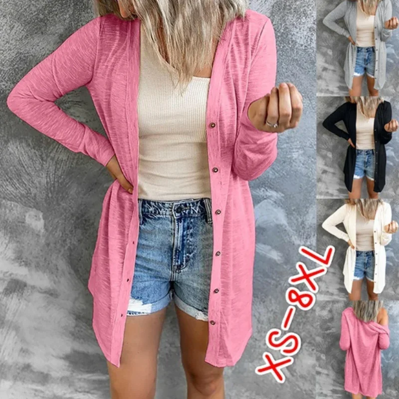 XS-5XL Plus Size Fashion Women Spring and Autumn Casual Tops Solid Color Long Sleeve Open Front Cardigan Coat Ladies Loose Blous