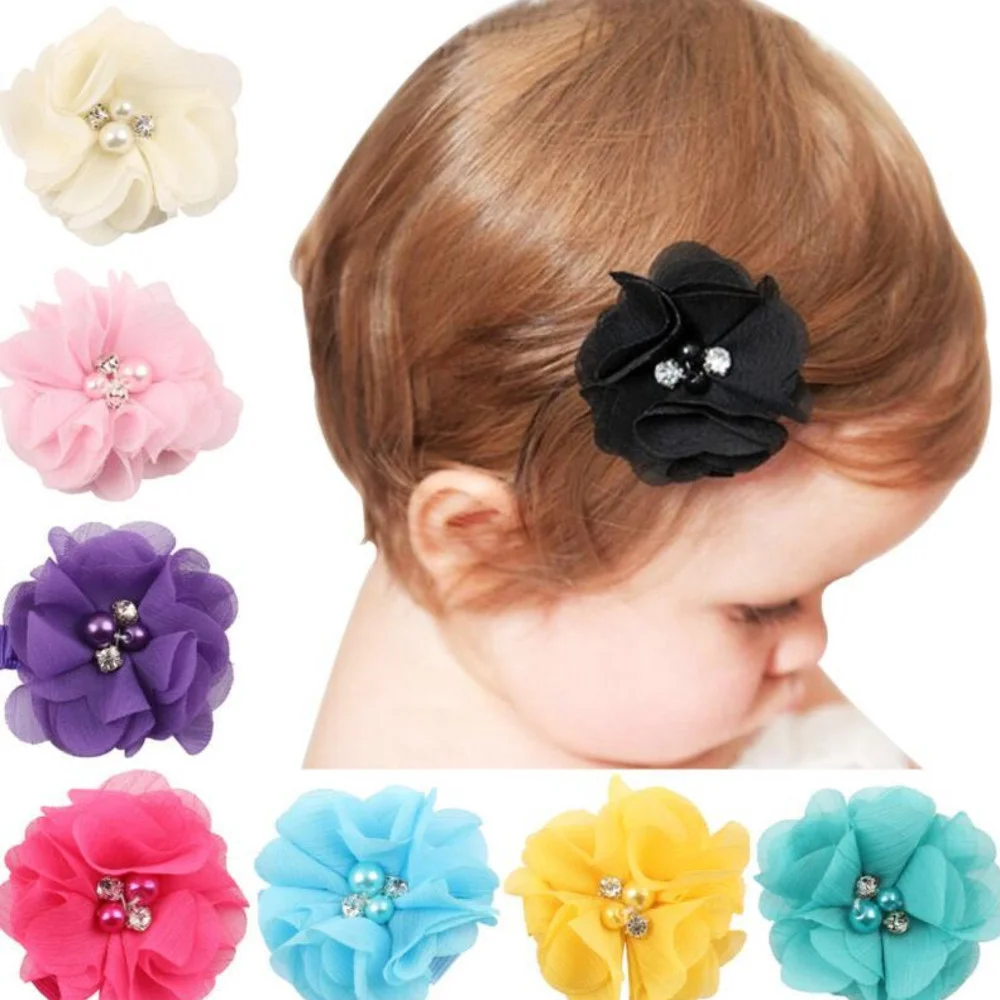 1 Pair/2 Pcs Solid Hair Hairpin Clip Bow Children Newborn Kids Headwear Baby Girl Accessories Flower Cute Gifts Chiffon Flower