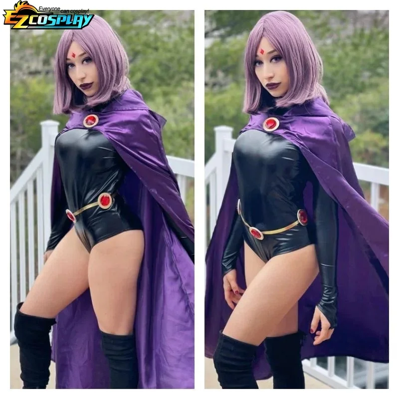 Teen Titans Raven Cosplay Costume Magical Girl Cosplay Fighting Bodysuit Full Set With Purple Hooded Cloak