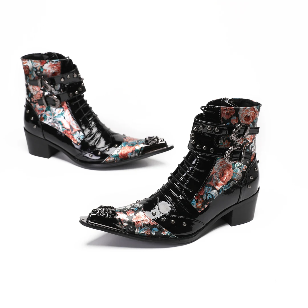 Punk Floral Rivets Genuine Leather Motorcycle Short Boots Men Plus Size Buckle Lace Up Evening Party Dress Shoes Club Ankle Boot