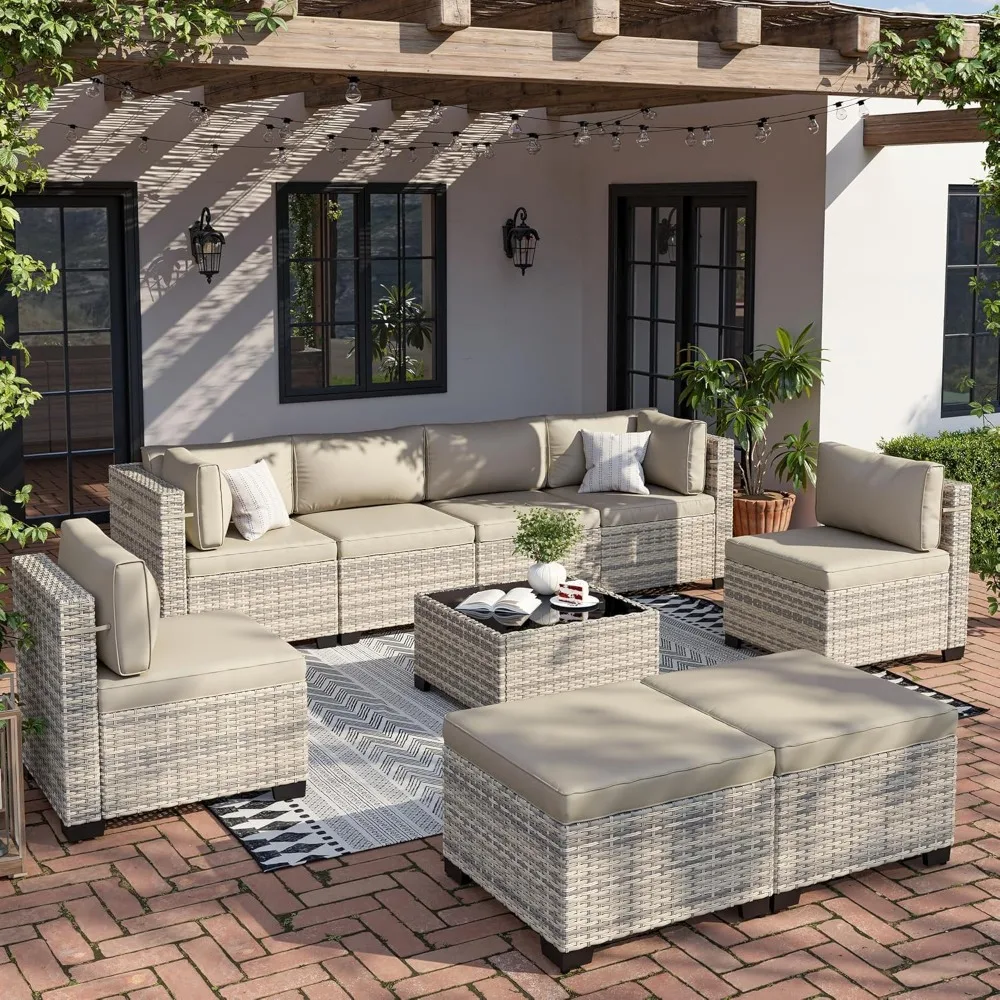 

9-Piece Patio Furniture Set, Outdoor with Ottomans, Modular Patio Sofa, Dual-Strand Wicker Rattan, Rust-Resistant Frame, Backyar