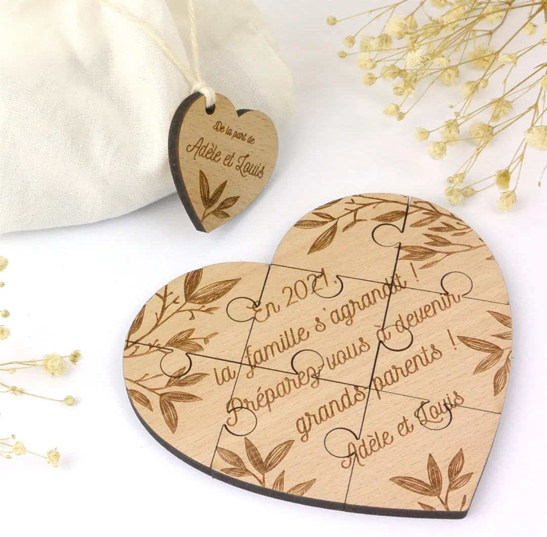 Personalized Wooden Heart Puzzle, Pregnancy Announcement Plaque, Photo Prop Wooden Disc Egraved Gift for Newborn Keepsake