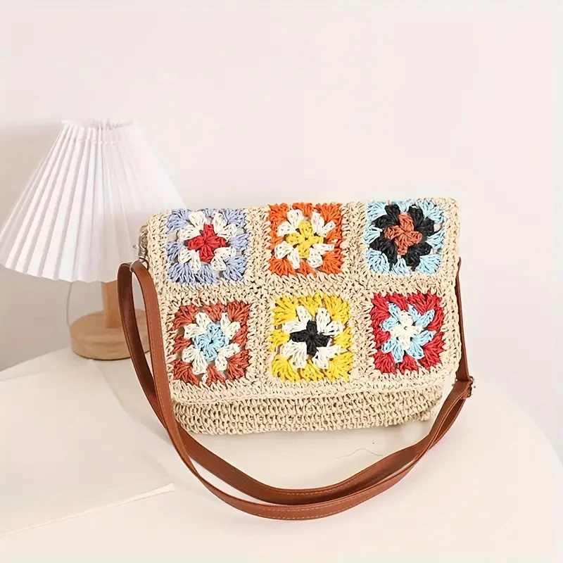 bohemian granny square straw shoulder bag for women handmade weave crossbody bags casual summer beach big flap vacation purses