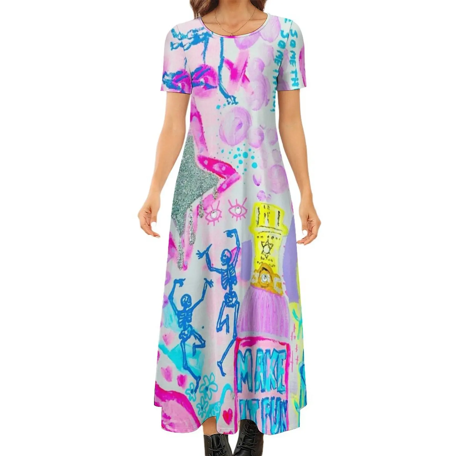 

Make It Fun Print #2 Round Neck Short Sleeve Dress Woman clothing cocktail dresses birthday dress