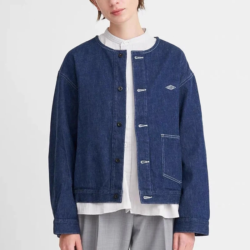 Washed Denim Jacket Casual Loose Women's Fashion Spring 2026 Short Coat Casual Style round Neck Button Closure Long Sleeve