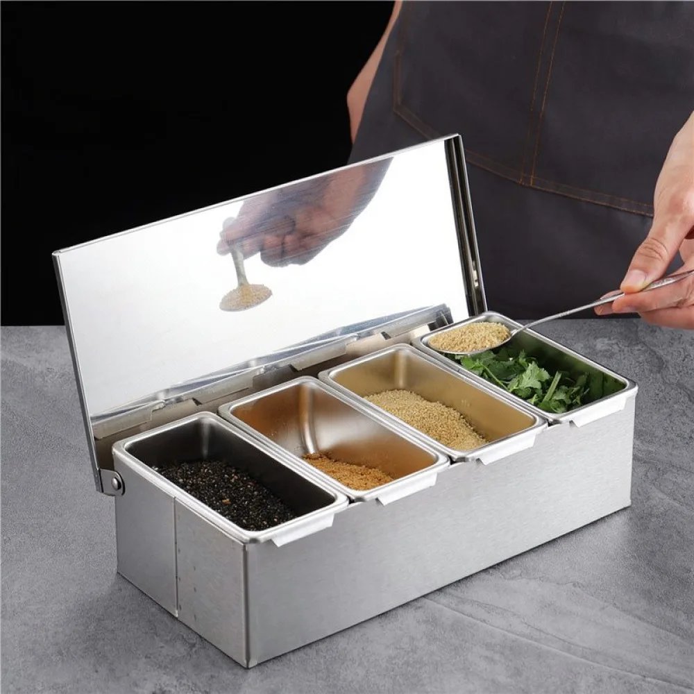 Stainless Steel Seasoning Box Kitchen Organizer Container Flip Lid Spice Storage Jar For Commercial Restaurant Food Prep