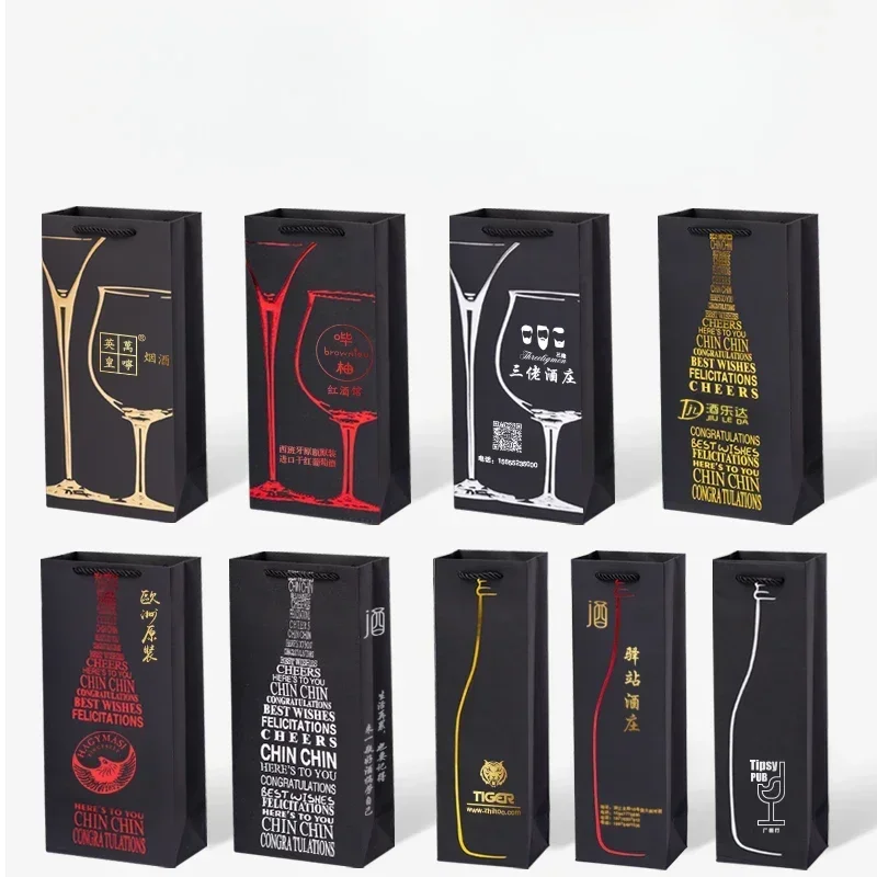 10pcs Black Gilding Red Wine Bags Single and Double Wine Gift Packaging Paper Box Strong Load-bearing Thick Cardboard Handbag