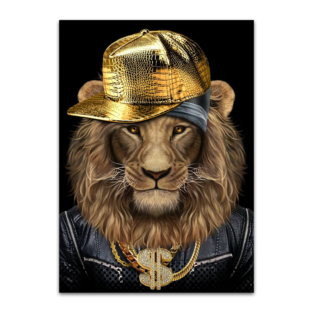 

Cool Lion Monkey Wall Art Lion Rapper with Gold Hat Canvas Paintings Animal Pictures for Room Home Decoration Poster and Prints