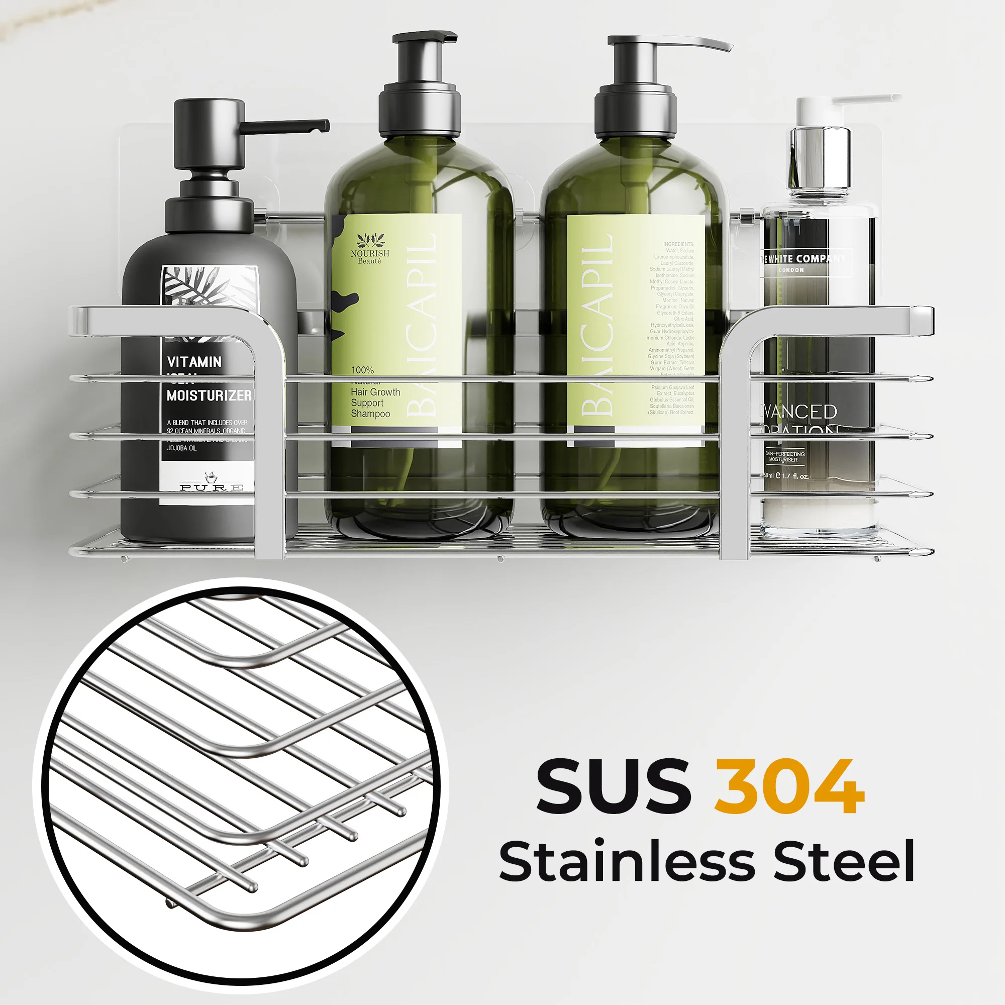 Imagem -04 - Impermeável Banheiro Prateleiras Cremalheira do Armazenamento sem Perfuração Prata Preto Cozinha Chuveiro Organizador Acessórios para Casa Pcs Aço Inoxidável