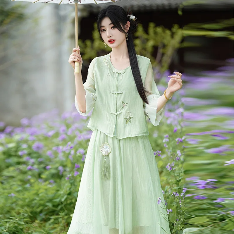 Young Style Improved Hanfu Set Zen Tea Ceremony Clothing New Chinese Thin Top Half Skirt Summer Fashion Ladies' Clothing