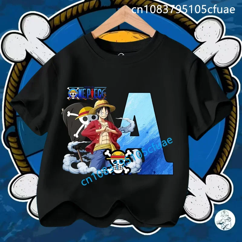 

New Cartoon Round Collar Clothes Fashion Kids Black Clothing Gift One Piece Luffy T-shirt for Children Anime Letter A-Z Tee Top