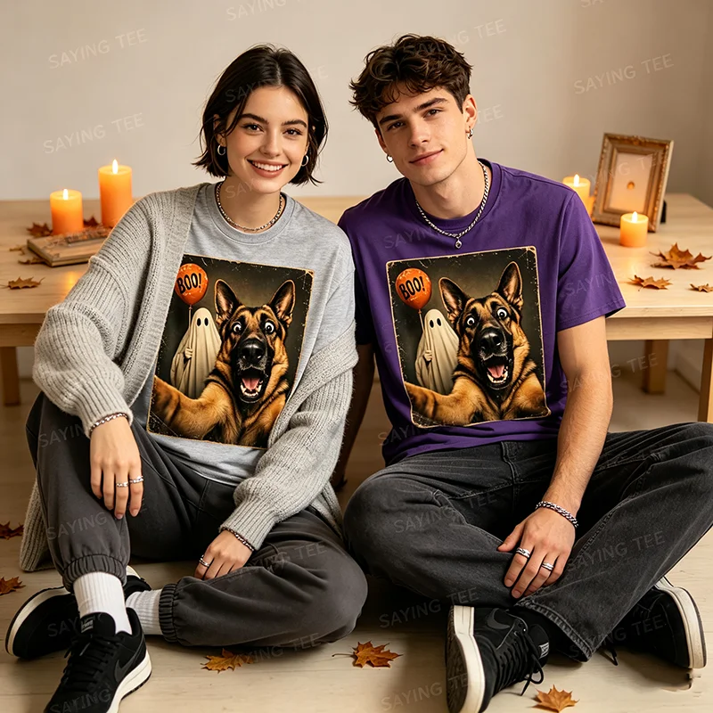 Deutscher Schäferhund Halloween Geister-Selfie Boo Hund Meme Grafik T-Shirt Y2k Gruselige Jahreszeit Hundeselfie Grafik Kleidung für Frauen Männer – Detail 4