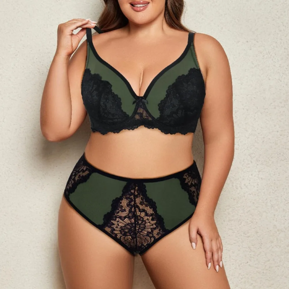 

Fashionable and Comfortable Plus Size Women's Bra Underwear Set Full Cup Semi Transparent Lace Underwear