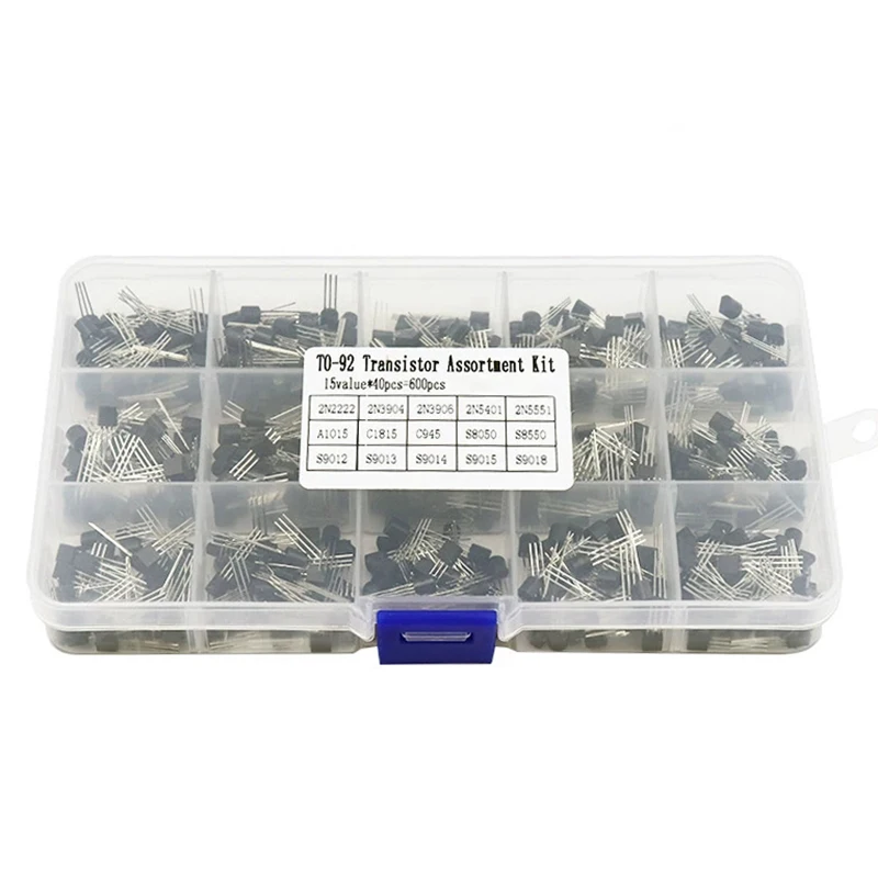 600PCS Transistor Assortment Box Kit TO-92 Transistors S8050 2N2222 2N3904 2N3906 C945 15Value X 40Pcs Direct-Plug Triode Box