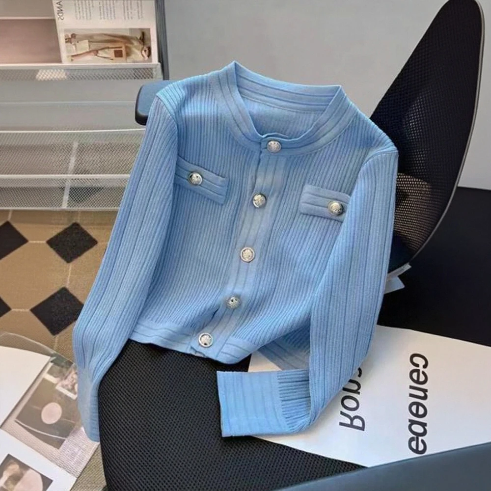 

Women's Casual round Neck Cardigan Fitted Long Sleeve Open Front Knitwear Straight Tube No Decoration Knitted Top