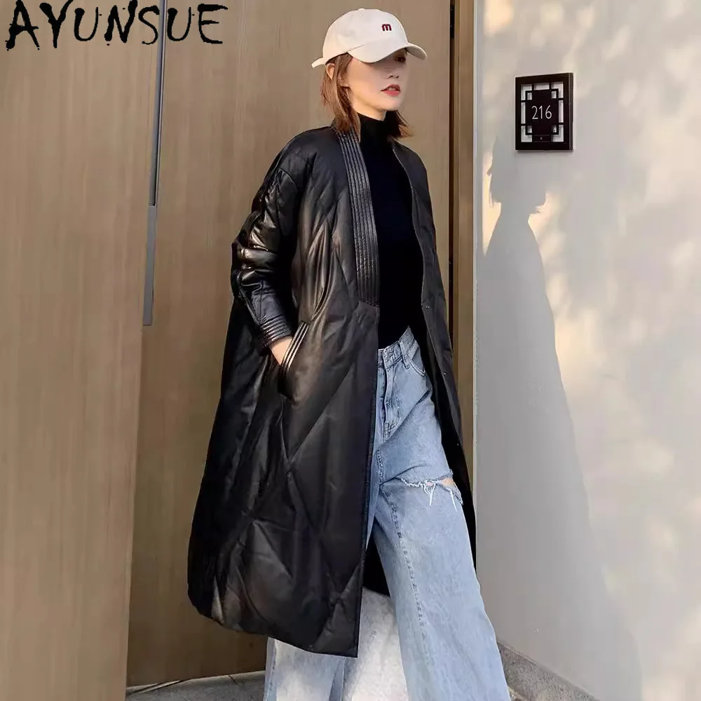 

AYUNSUE Sheepskin Genuine Leather Jacket Women Fashion Down Coats Woman Belt Winter Clothes Black Loose Fit Jaqueta De Couro