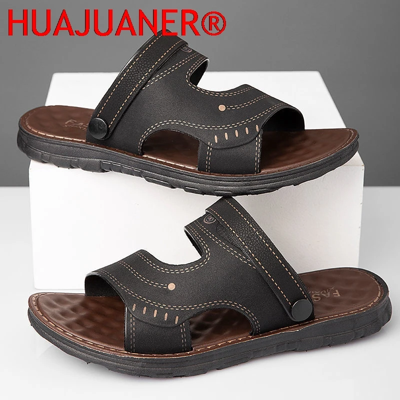 2025 Men's Summer New Sandals and Slippers Men's Leather Sandals Adult Thick-soled Beach Shoes Non-slip Open-toe Leather Sandals