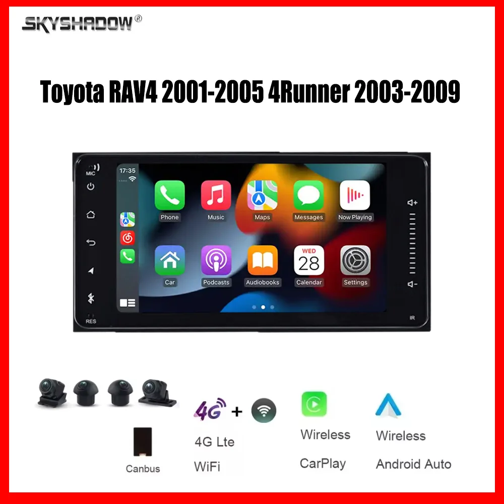 Reproductor Multimedia para Auto de 7 Pulgadas con Carplay, DSP, Android 14.0, 12GB + 512GB, GPS, Radio, Bluetooth, Wifi para Toyota RAV4 2001-2005 4Runner 2003-2009