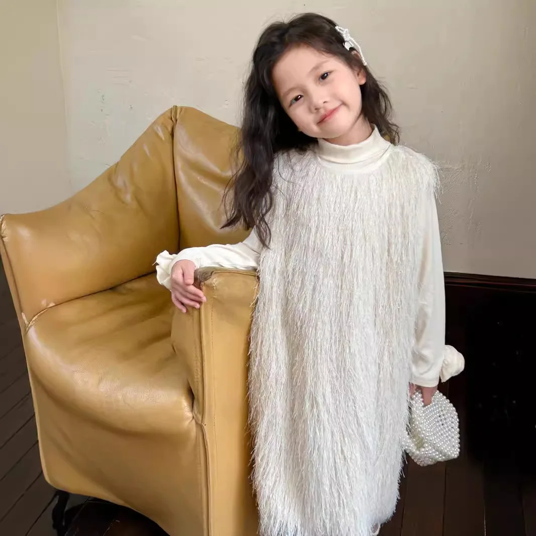 Girls Casual Dresses French Advanced Feeling Autumn New Children Tassels Sleeveless Vest Girl Long 2024 Round Collar Sweet