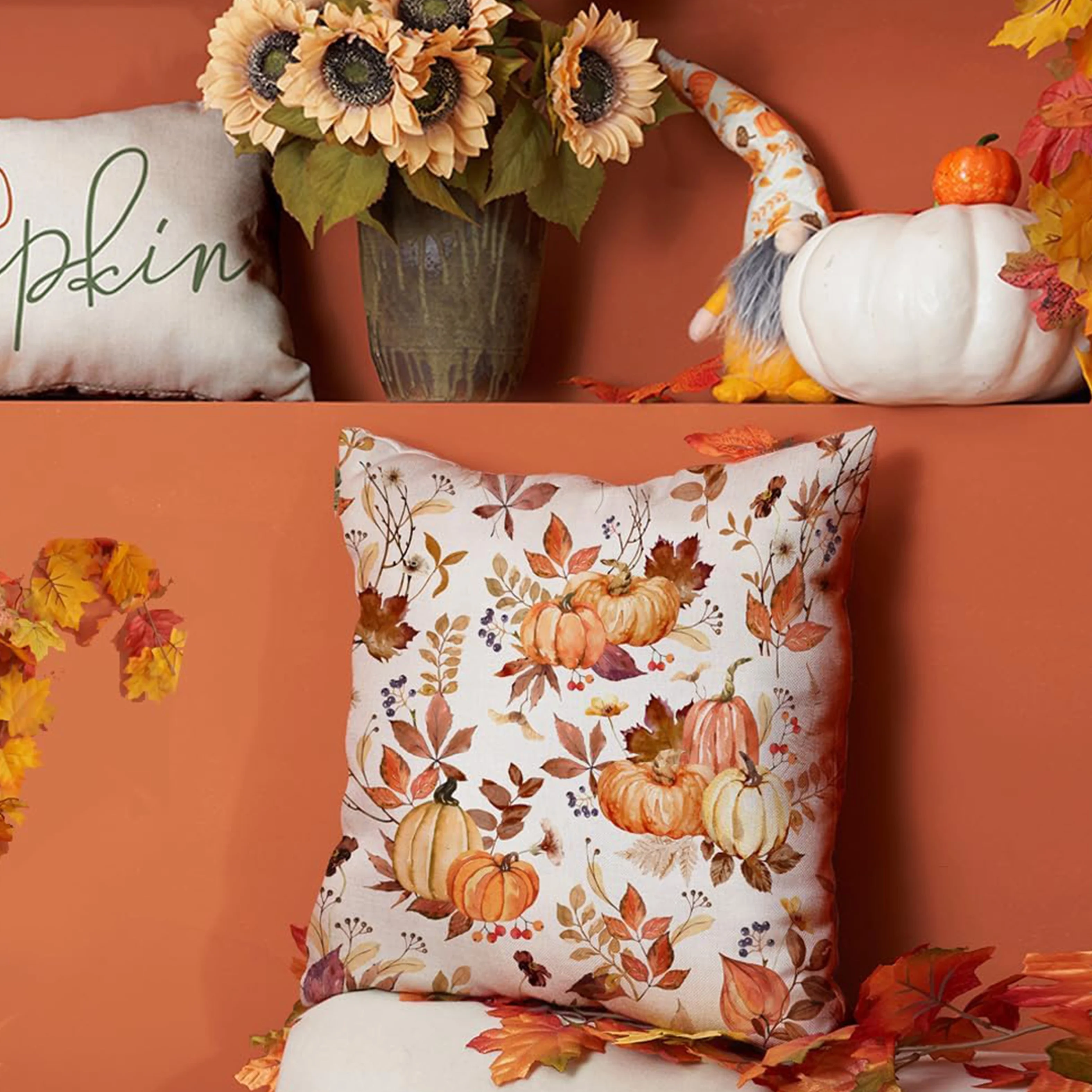 2pcs, Polyester, Fall Pillow Covers Pumpkin Maple Leaf Flower Decorative Throw Pillow Case Autumn Thanksgiving Decoration