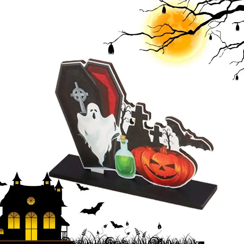 Halloween Wooden Table Sign Halloween Theme Wooden Tabletop Sign Table Toppers For Living Room Kitchen Workplace Tiered Tray