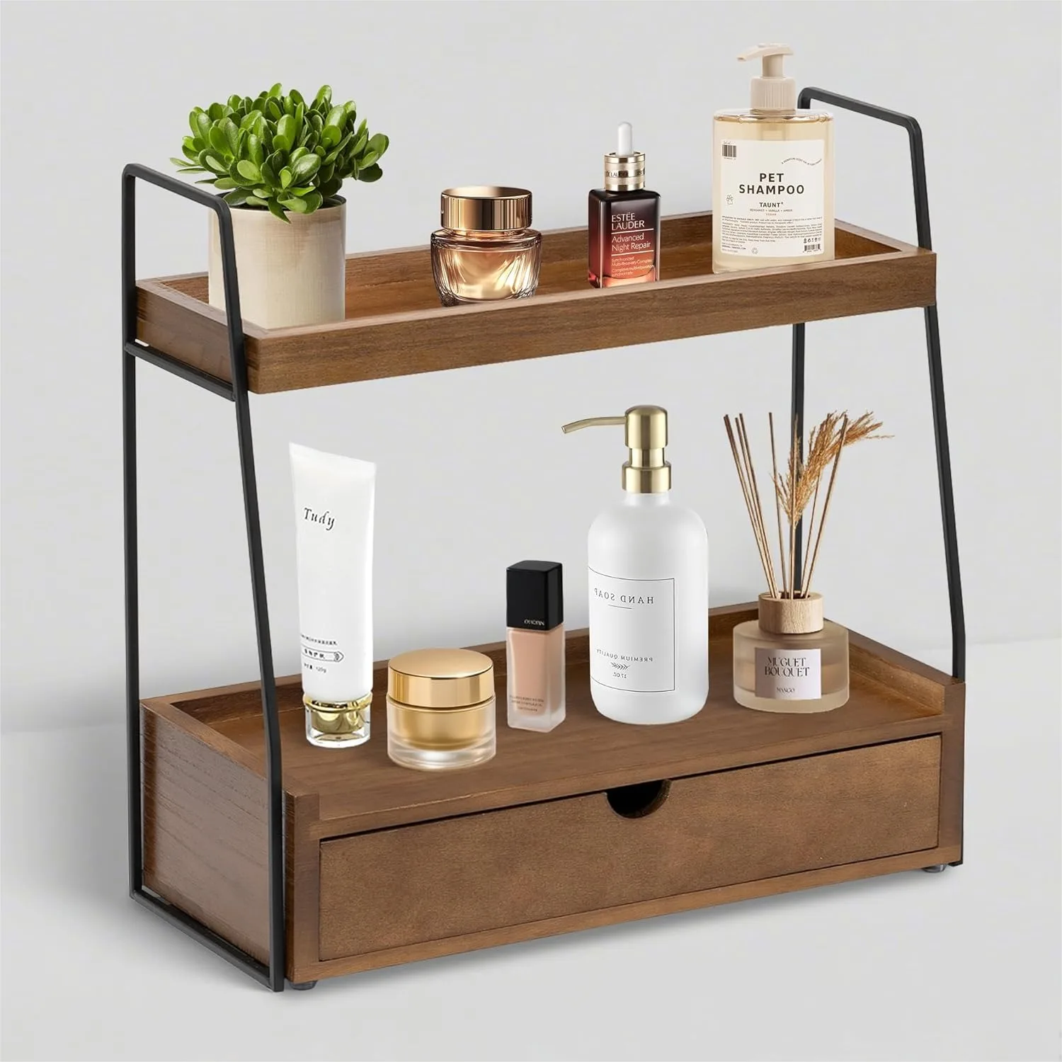 

2-Tier Bathroom Organizer Countertop with Drawer, Wood Shelf for Vanity Storage and Skincare