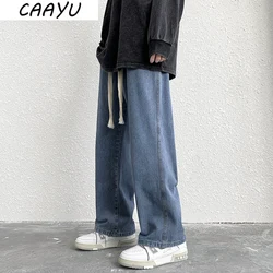 CAAYU 2022 New Streetwear Baggy Jeans Mens Korean Fashion Loose Straight Wide Leg Pants Male Brand Clothing Black Dark Blue Mens