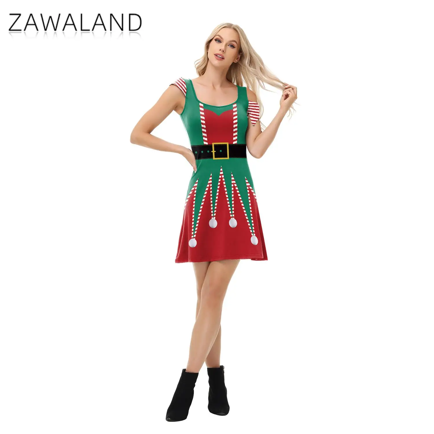 

ZAWALAND Christmas Costumes Women's Streak Short Sleeve Dress 3D Printed Xmas Carnival Cosplay Costume Fancy Dress Performance