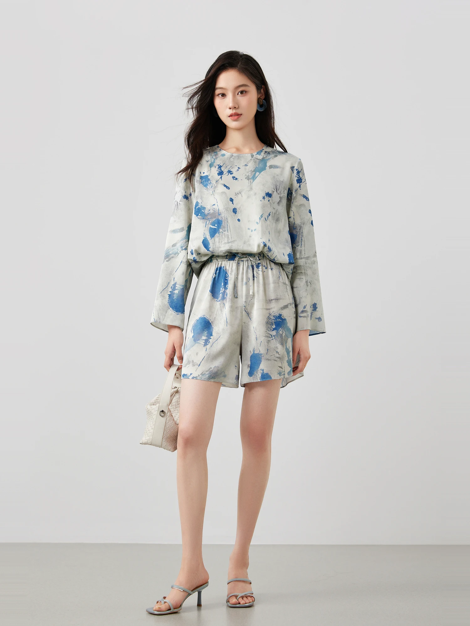 

19mm Elastic Double Joe Silk, Chinese Ink-splashed Printed Shirt + Shorts Set Summer Sets Womens Outfits